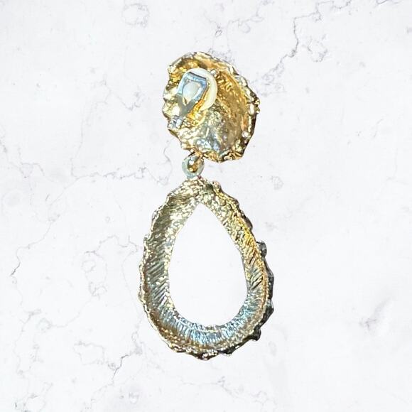 Classy 2 3/4" clip on gold textured dangle teardrop earrings - Picture 2 of 2